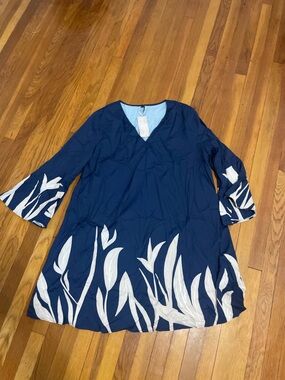 NWT Emery Rose Navy Leaf Print Dress 3XL Flowy Tropical Midi
